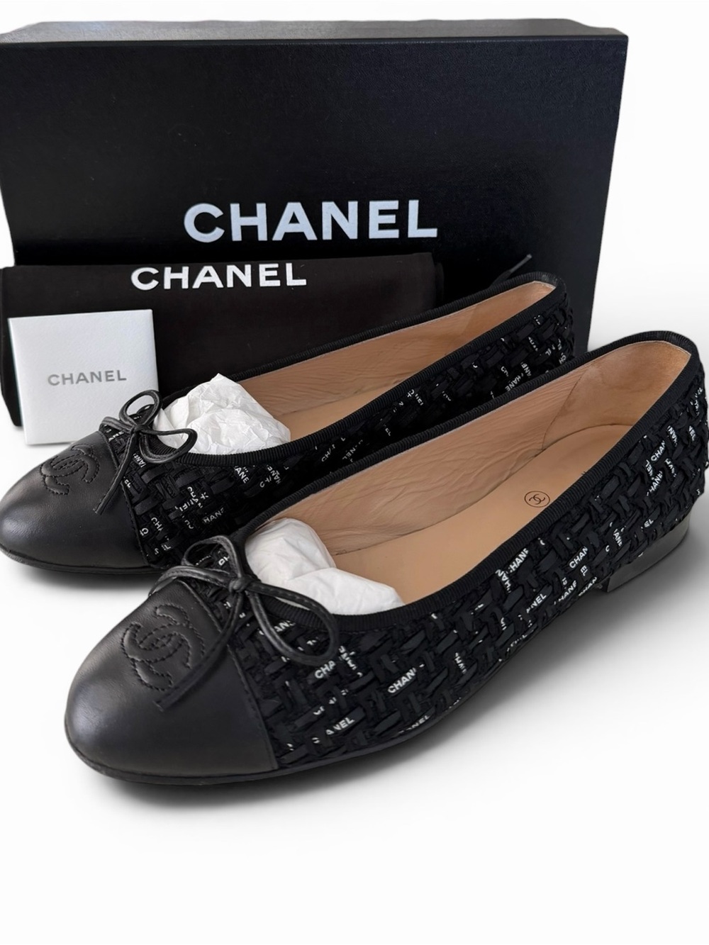 CHANEL Rare Ballet Flats Size EU38 Leather & Ribbon Woven CC / Full Set